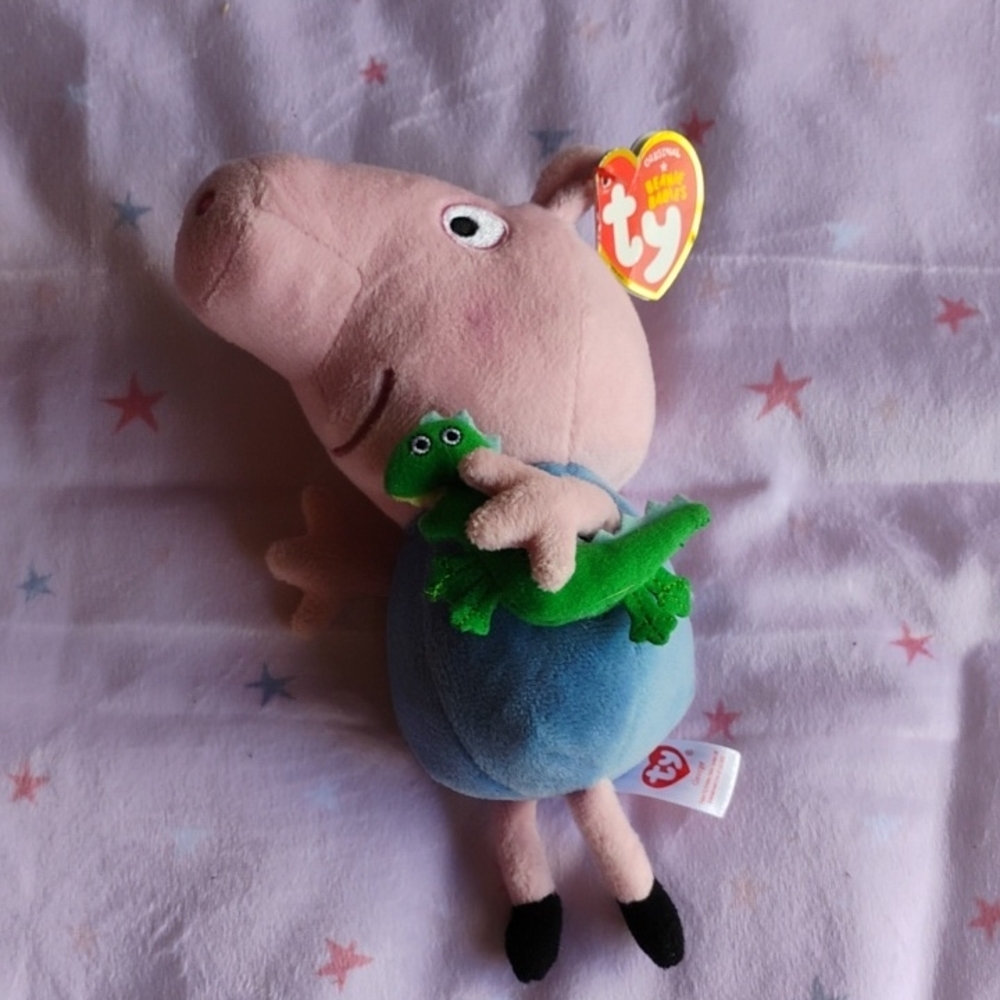 TY George Pig Plush with Blue Outfit and Green Dinosaur